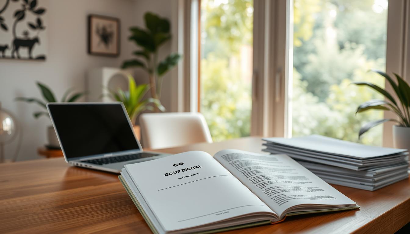 A sleek, modern office workspace with a laptop, notepad, and various office supplies neatly arranged on a minimalist wooden desk. Soft, warm lighting illuminates the scene, creating a focused and productive atmosphere. In the background, a large whiteboard displays a detailed mind map, showcasing the methodical collection of information for a comprehensive briefing. The Go Up Digital logo is subtly displayed on the laptop's lid. The overall composition emphasizes the importance of a well-structured approach to gathering data for a professional briefing.
