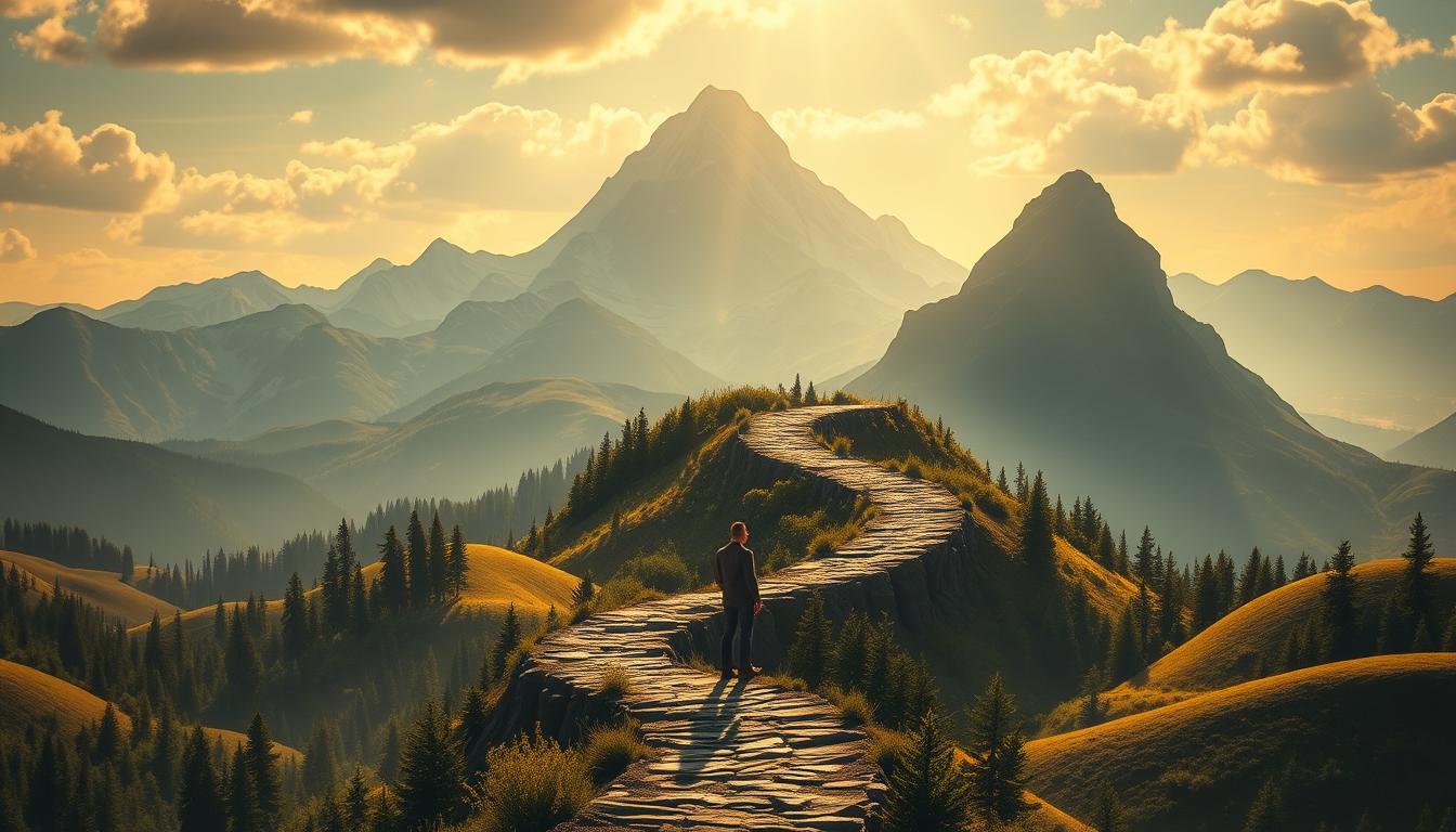 a detailed and imaginative landscape scene depicting &amp;quot;personal development with Napoleon Hill&amp;quot;, featuring a majestic mountain range in the background with a winding path leading up to a serene, thoughtful-looking man in the foreground, surrounded by symbolic elements representing the principles and philosophies of Napoleon Hill's teachings. The scene is bathed in warm, golden lighting, creating a contemplative and aspirational atmosphere. In the middle ground, there are lush, verdant forests and rolling hills, symbolizing the journey of personal growth. The overall composition conveys a sense of inspiration, determination, and the transformative power of Napoleon Hill's ideas. Go Up Digital