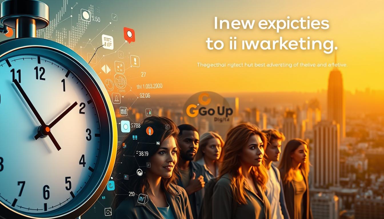 A sleek, modern advertisement showcasing the importance of timing in marketing. In the foreground, a stylized clock face takes center stage, its hands frozen at the perfect moment. Surrounding it, a vibrant tapestry of digital elements - pulsing data streams, pixelated icons, and a bold "Go Up Digital" logo - illustrate the dynamic, ever-changing nature of the consumer journey. The middle ground features a diverse array of consumers, their expressions conveying the emotional impact of well-timed advertising. In the background, a cityscape bathed in a warm, golden light suggests the broader societal and cultural context in which this marketing strategy unfolds. The overall mood is one of strategic precision, technological prowess, and the power of connecting with consumers at the right place and time.