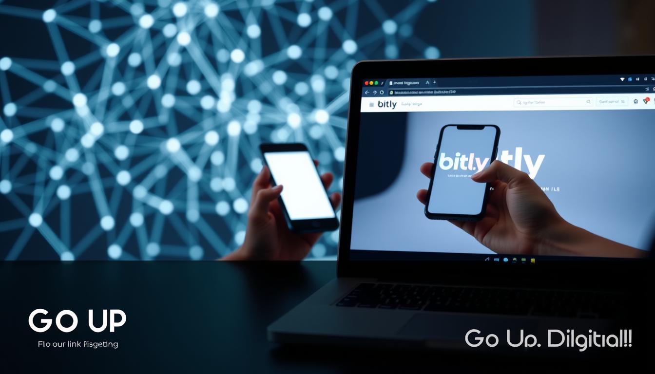 A close-up view of a smartphone screen displaying the Bit.ly logo, surrounded by various social media app icons like Facebook, Twitter, LinkedIn, and Instagram. The screen is bathed in a soft, warm lighting, creating a welcoming and professional atmosphere. In the foreground, the Go Up Digital brand logo is prominently featured, subtly indicating the integration and partnership between Bit.ly and social media platforms. The overall composition suggests the seamless integration and efficient sharing of content across multiple social channels through the Bit.ly link management system.