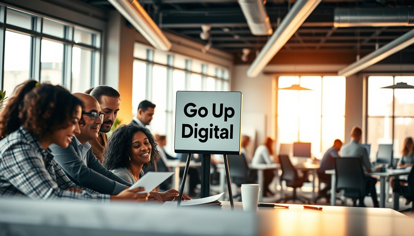 A busy corporate office, with employees engaged in various tasks. The foreground features a group of colleagues collaborating on a project, their faces filled with determination and a sense of purpose. Warm, natural lighting filters in from large windows, casting a motivating glow on the scene. In the middle ground, a &quot;Go Up Digital&quot; sign stands prominently, representing the company's commitment to fostering a positive and productive work environment. The background showcases modern, minimalist decor, with sleek desks and ergonomic chairs, creating an atmosphere of professionalism and innovation. An underlying tone of camaraderie and teamwork permeates the entire image, reflecting the vibrant and motivating corporate culture.