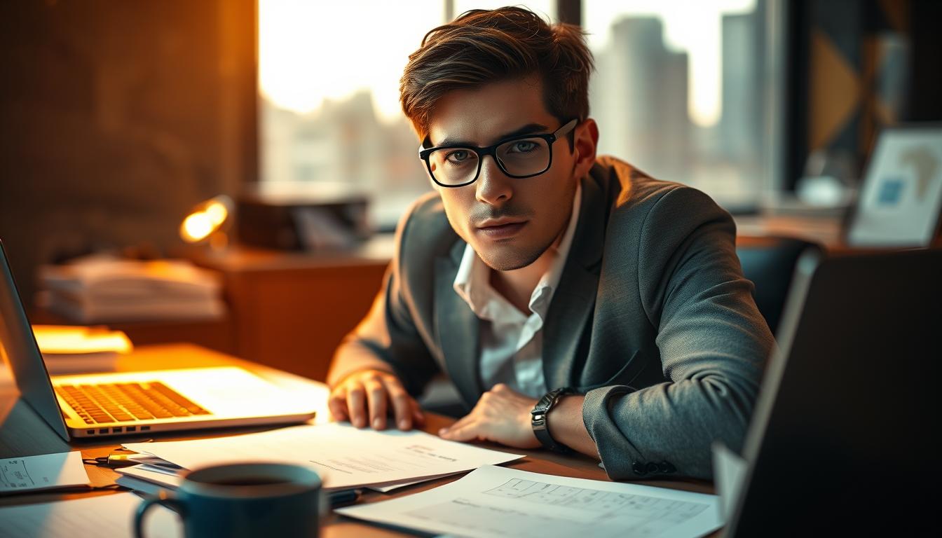 A close-up portrait of a young, determined-looking Brazilian entrepreneur, Eduardo Saverin, sitting at his desk. The scene is bathed in warm, focused lighting, creating a sense of ambition and drive. The background is blurred, hinting at the bustling city of São Paulo outside his office window. On the desk, there are scattered papers, a laptop, and a cup of coffee, suggesting the hard work and dedication that has led to his success. The overall mood is one of inspiration and the story of a self-made man, embodying the &quot;Go Up Digital&quot; brand.