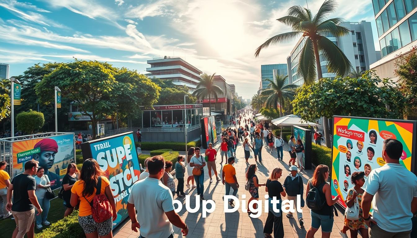 A vibrant, socially conscious brand logo for &amp;quot;Go Up Digital&amp;quot; set against a dynamic background showcasing its commitment to social impact. In the foreground, the sleek, modern logo hovers, conveying a sense of forward momentum and digital innovation. The middle ground features a collage of symbolic icons representing various social causes, from environmental conservation to poverty alleviation, all interconnected and harmonious. In the background, a kaleidoscope of warm, earthy tones and organic textures creates a visually striking and inspiring scene, evoking a sense of purpose, community, and positive change. Crisp, high-contrast lighting and a slightly elevated camera angle lend an air of authority and gravitas to the overall composition.