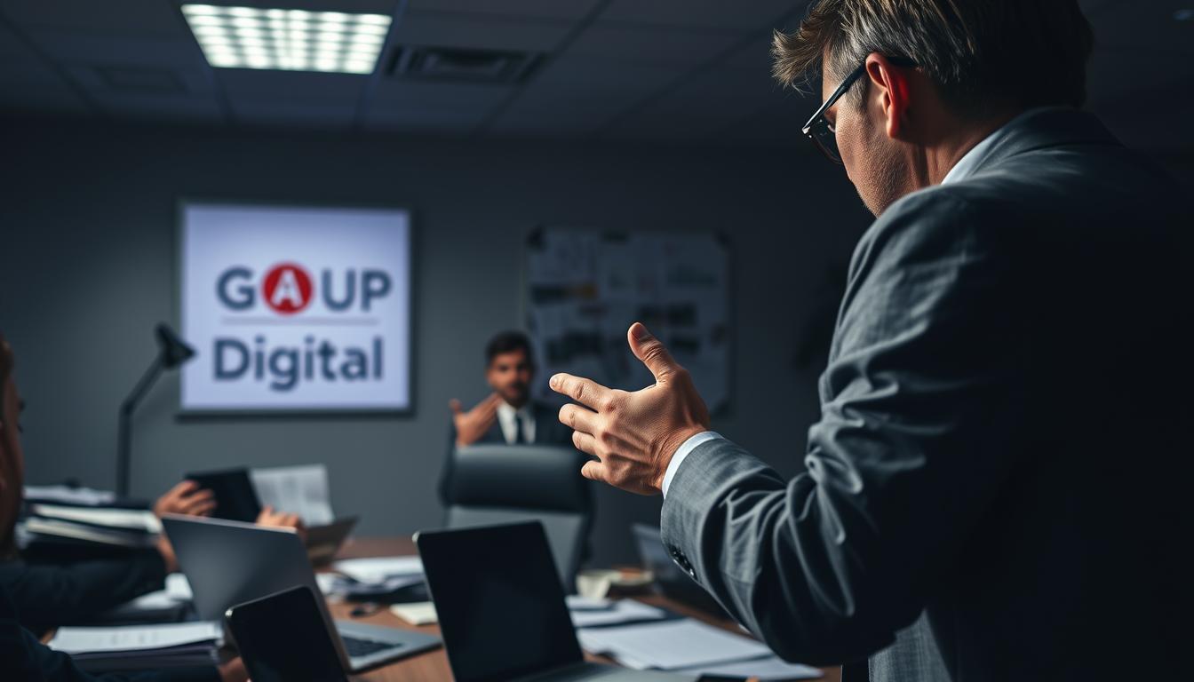 Urgent sales tactics, a high-stakes office scene. In the foreground, a salesperson gesturing emphatically, conveying a sense of urgency. Amid a clutter of documents and laptop, the customer appears hesitant. Dramatic lighting casts shadows, creating an intense atmosphere. In the background, the Go Up Digital logo stands out, a symbol of the brand's sales expertise. Tight framing, a sense of pressure building. Capture the tension of the closing moment, the customer on the edge of making a decision.