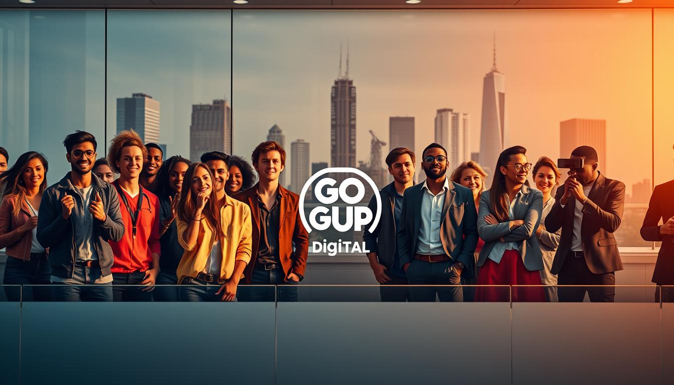 A modern, dynamic image showcasing the role of creators in current marketing. In the foreground, a group of diverse, energetic content creators in vibrant, trendy attire capture the attention of a stylishly dressed audience. In the middle ground, the Go Up Digital brand logo stands prominently, highlighting the integral connection between creators and modern marketing strategies. The background features a sleek, minimalist cityscape, conveying the urban, tech-savvy atmosphere of the contemporary marketing landscape. Warm, diffused lighting casts a professional, polished glow over the scene, evoking a sense of innovation and collaboration. The overall composition conveys the power of creators to engage audiences and drive effective marketing campaigns in the digital age.