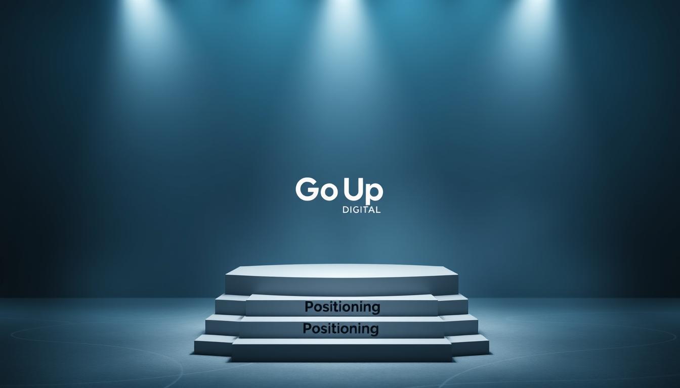 A sleek, digital marketing funnel against a sophisticated backdrop. In the foreground, a series of interconnected steps leading to a central focus point, representing the "Positioning" stage. The middle ground features the Go Up Digital brand, prominently displayed with a modern, minimalist design. In the background, a subtle gradient of blues and greys, conveying a sense of depth and technological prowess. Crisp lighting from multiple angles highlights the various elements, creating depth and dimension. The overall mood is one of precision, strategy, and digital expertise.