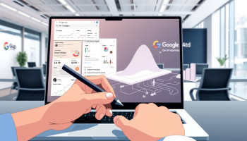 A sleek, modern office setting with a large window overlooking a bustling city skyline. In the foreground, a neatly organized desk with a laptop, a stack of papers, and a cup of coffee. On the desk, a &quot;Go Up Digital&quot; logo prominently displayed. In the middle ground, a team of professionals collaborating on a digital campaign, analyzing charts and graphs on their screens. The lighting is warm and inviting, creating a productive and focused atmosphere. In the background, subtle elements like motivational wall art and minimalist decor reflect the brand's emphasis on optimization and return on investment.